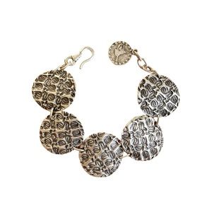 Lalou Signed Brutalist Disk Linked Silver Tone Bracelet